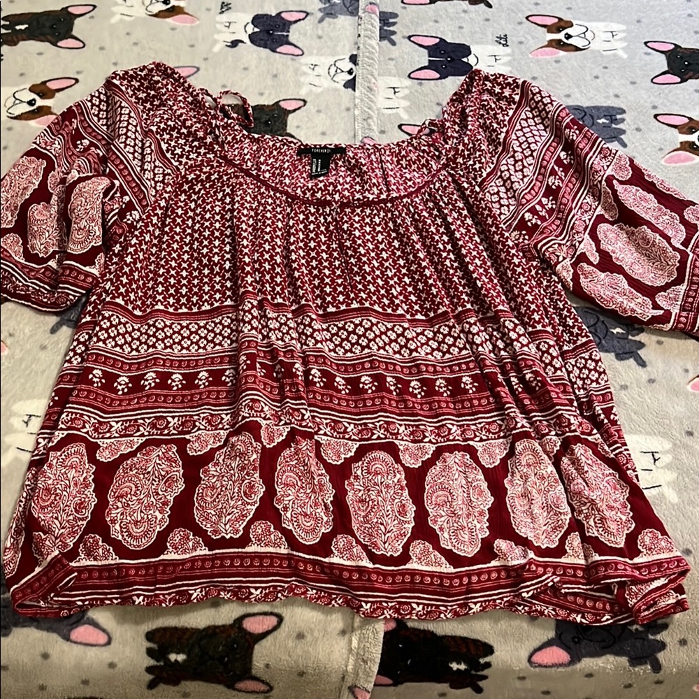 Forever 21 Medium Red Boxy Blouse with Smocked Details